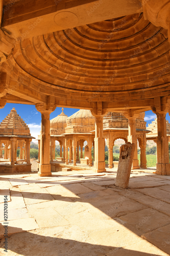 interior architecture of ancient royal cenotaphs and archaeological ruins at Jaisalmer, Bada Bagh, Rajasthan, India
