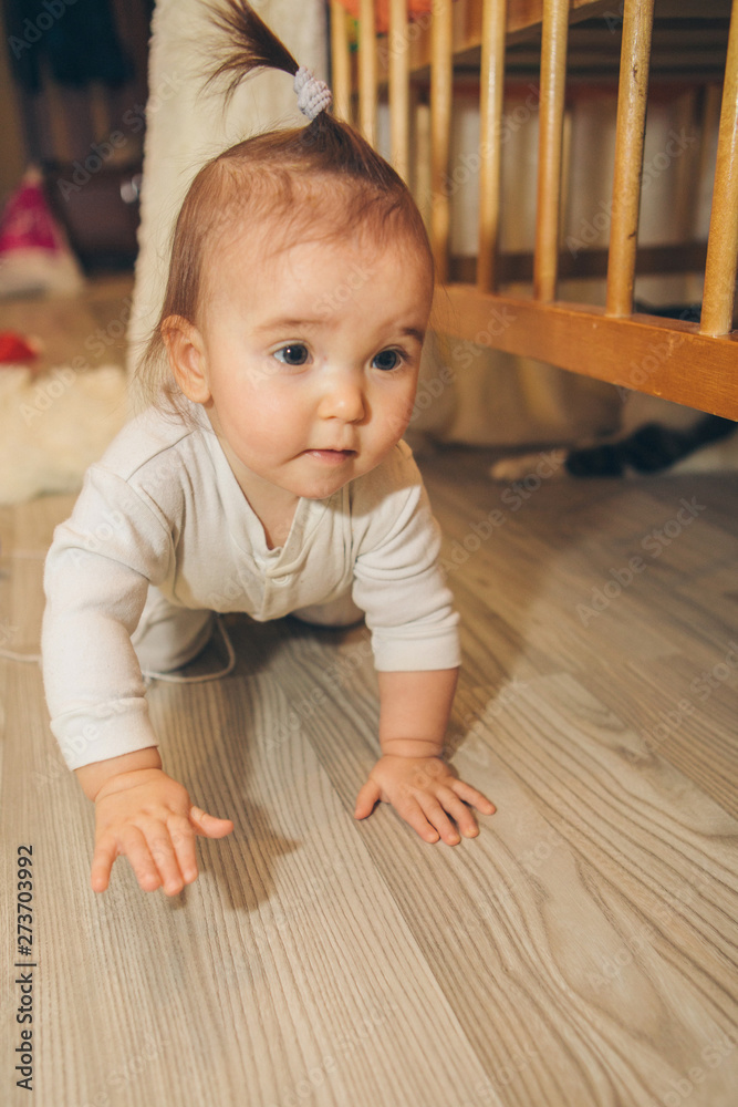 little girl with a tail on her head crawling on the floor little girl with a tail on her head crawling on the floor