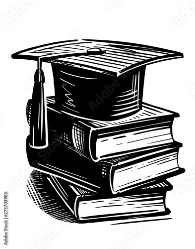 black Graduation Cap and books on white background