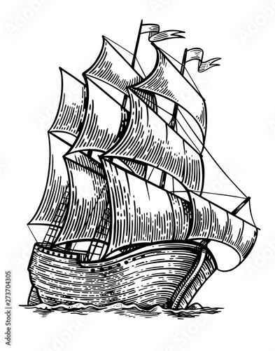 Black and white sketch of sailing old ship