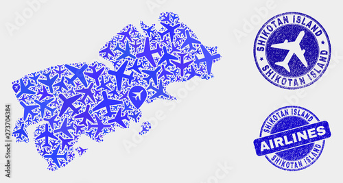 Airplane vector Shikotan Island map collage and grunge watermarks. Abstract Shikotan Island map is created of blue flat random airplane symbols and map pointers. Transport plan in blue colors,