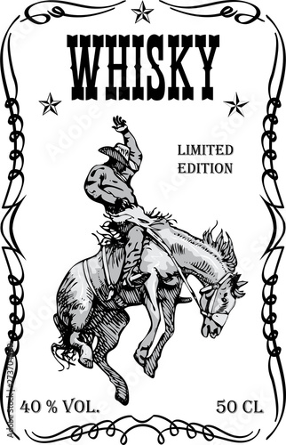 vector image of vintage label with a cowboy riding a wild horse for whiskey in art style