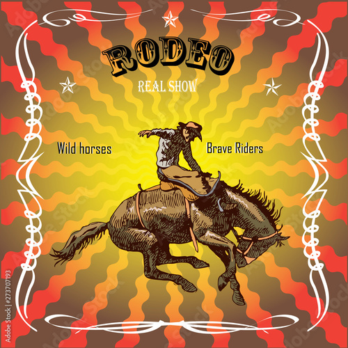 vector banner poster with a cowboy rider sitting on a wild horse mustang and the inscription rodeo on the background of wooden boards in retro style