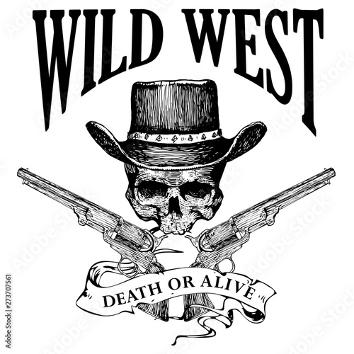 vector image of poster in western style with skull hat and pistols. graphics engraving