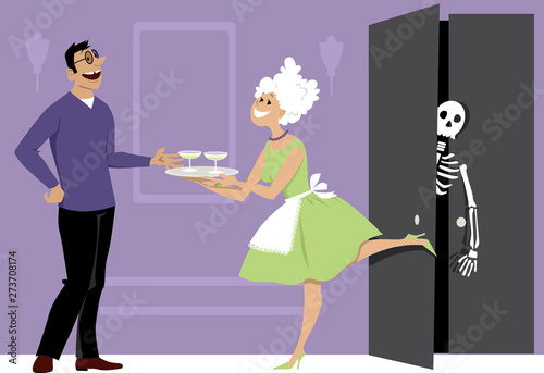 Smiling woman offering cocktails to a guest and shutting a door of a closet with a skeleton inside, EPS 8 vector illustration	