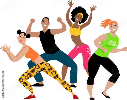 Diverse group of four young people doing zumba workout, EPS 8 vector illustration