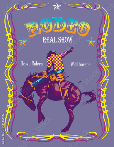    vector banner poster with a cowboy rider sitting on a wild horse mustang and the inscription rodeo on the background of wooden boards in retro style