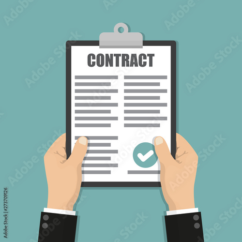 Hands holding clipboard with contract document in a flat design