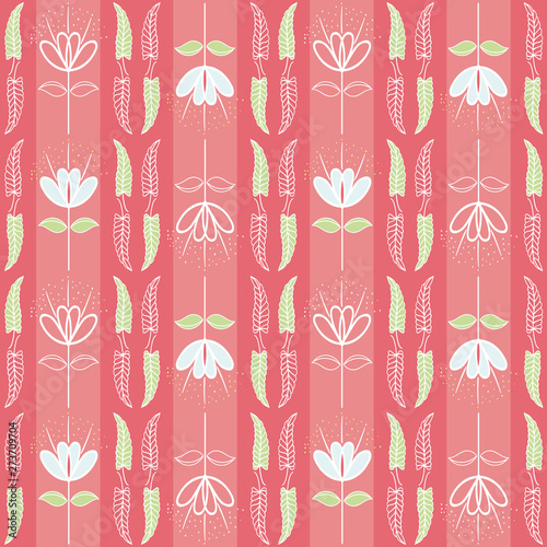 Hand drawn unfinished blue and green leaves and flowers. Seamless vertical geometric vector pattern on striped coral background. Great for wellness, beauty, food products, packaging, stationery