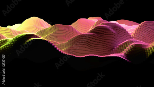 Abstract wave of cubes. Voxels, colored background. Depth of field effect. 3d rendering.
