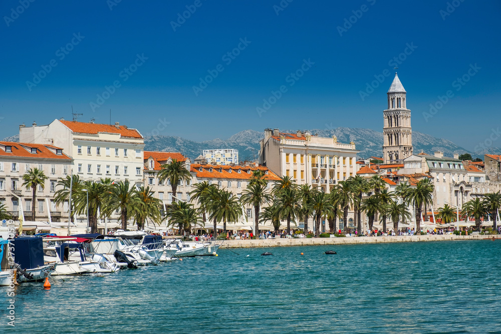 Boats in marina in the city of Split, Croatia, skyline and waterfront view of largest city in the region of Dalmatia and popular touristic destination