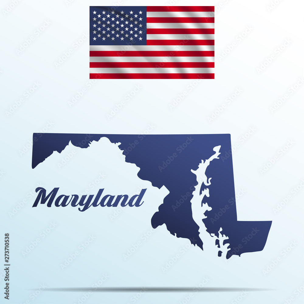 Obraz premium Maryland state with shadow with USA waving flag