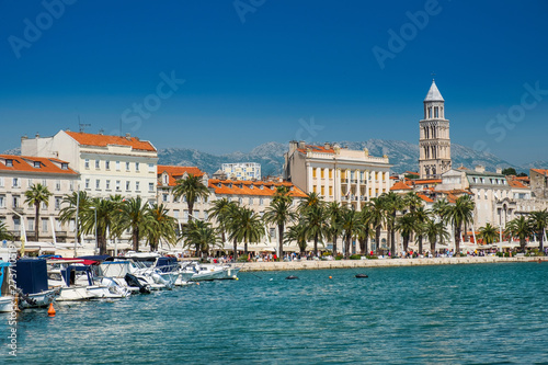 Boats in marina in the city of Split, Croatia, skyline and waterfront view of largest city in the region of Dalmatia and popular touristic destination © ilijaa