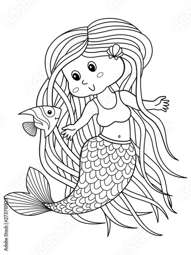 Cute mermaid doodle coloring book page for adult