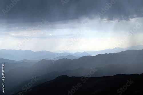 beautiful dark blue mountain landscape with fog and forest.artvin turkey