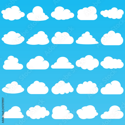 Cloud vector icon set white color on blue background. Sky flat illustration collection for web, art and app design. Different nature cloudscape weather symbols.