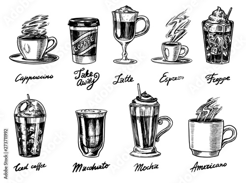 Set of cups of coffee in vintage style. Take away Cappuccino and Glace, espresso and latte, mocha and Americano, frappe in a glass. Hand drawn engraved retro sketch.