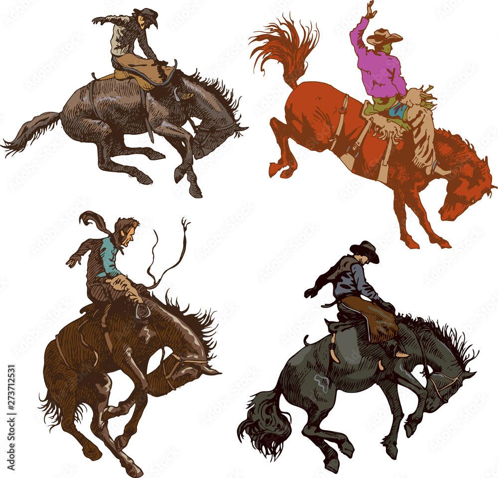 Fototapeta plakat banerowy wektorowy z jeźdźcem kowbojem siedzącym na dzikim koniu mustang i napis rodeo na tle drewnianych desek w stylu retro