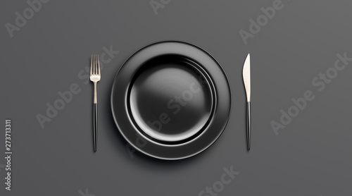 Blank black plate mockup with fork and knife, top view, isolated, 3d rendering. Clear ceramic dishware with set cutlery design. Empty dark table ware for lunch or dinner in cafe and flat template.