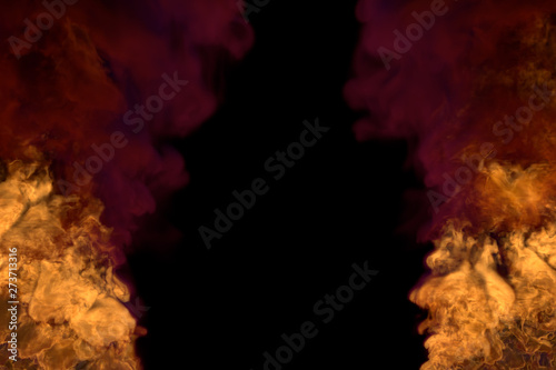 Flame from both image bottom corners - fire 3D illustration of burning wild fire, frame with heavy smoke isolated on black background