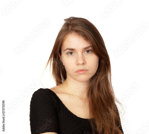 Portrait of brown-haired woman with long hair on white background