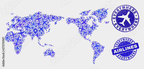 Airline vector world map mosaic and scratched seals. Abstract world map is created from blue flat randomized air plane symbols and map markers. Transport scheme in blue colors,