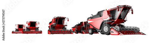 industrial 3D illustration of a lot of red grain combine harvesters isolated on white background - agricultural equipment