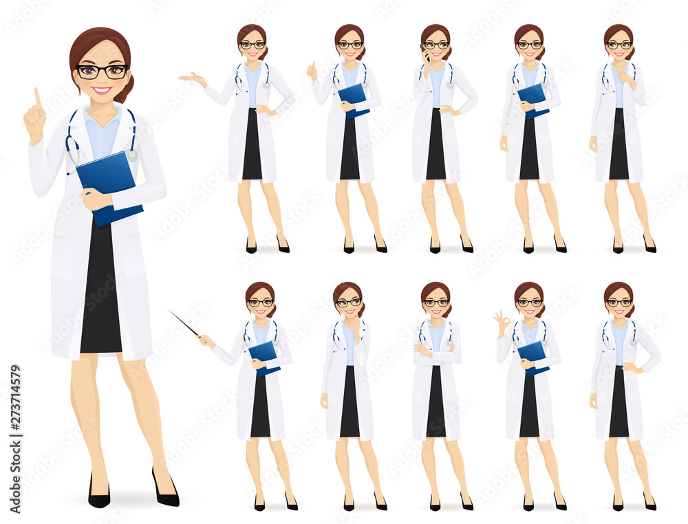Female doctor set in different poses isolated vector illustartion