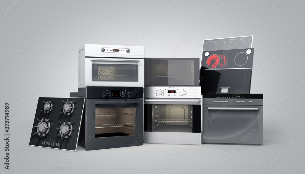 Home appliances built in Group of white 3d render on grey gradient Home appliances built in Group of white 3d render on grey gradient