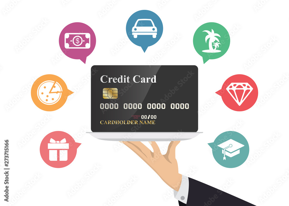 Hand holding credit card in silver tray with icon. Illustration about spending and payment.