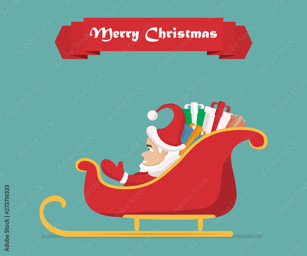 Santa in sleigh with presents in a flat design. Vector illustration Santa in sleigh with presents in a flat design. Vector illustration