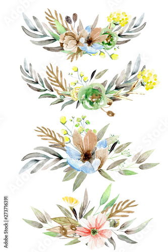 Watercolol hand painted floral composition with summer flowers and inflorescences isolated on white background. Healing Herbs for cards, wedding invitation, posters, save the date or greeting design. © Tatyana