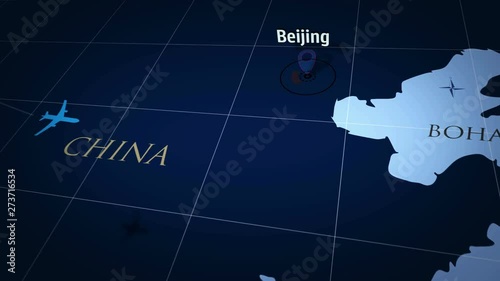 Beijing on simple blue map. Plane symbol with trail flight over atlas chart with city marked by pushpin. Airplane icon moving on maps 3d animation.