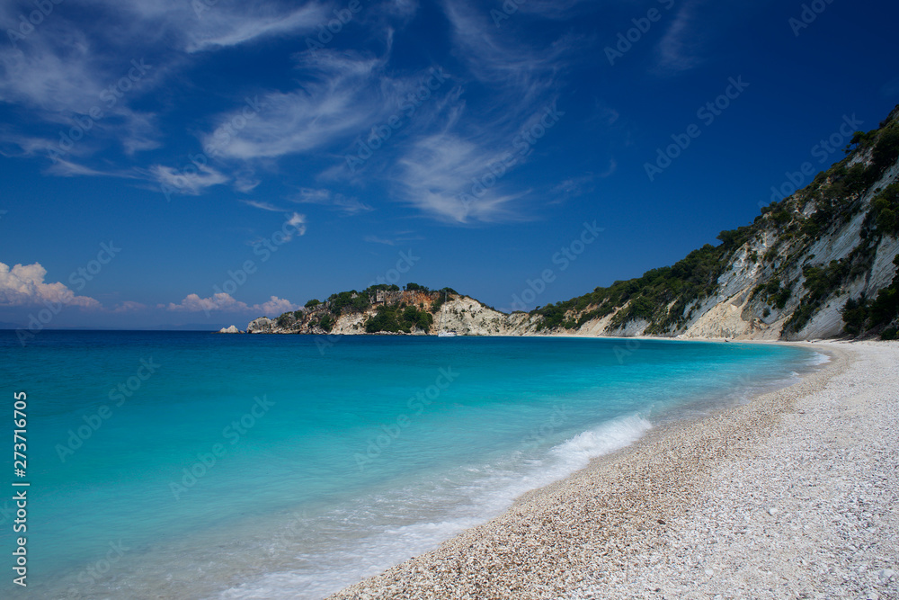 Light blue water on beach on Gidaki on the Ithaca (Ithaki or Ithaka) island like paradise with blue sky in Greece Europe