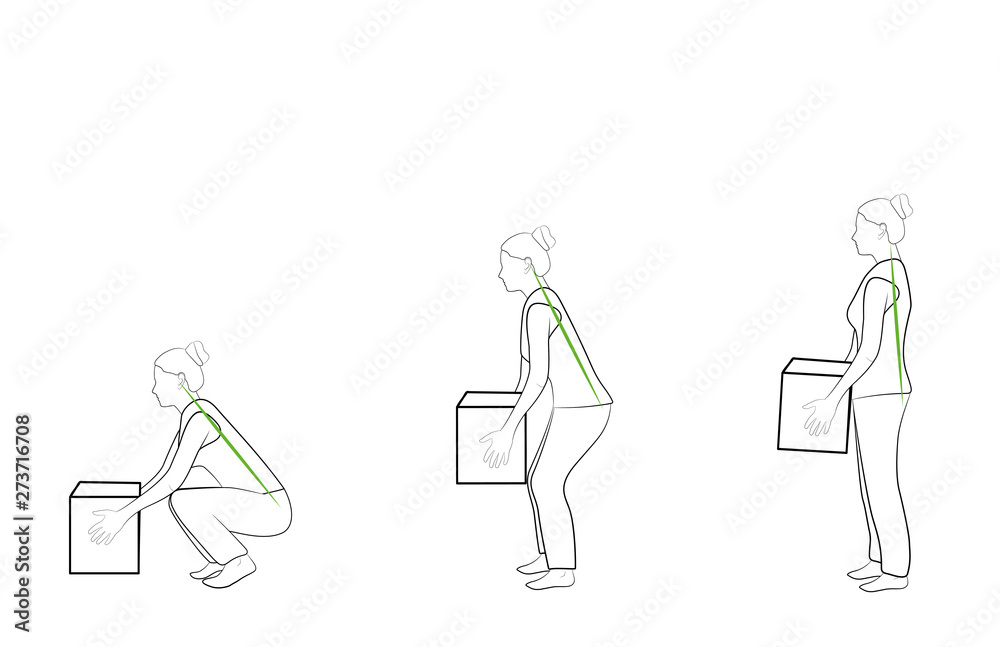 Correct posture to lift a heavy object safely. Illustration of health care. vector illustration 