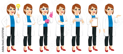 Set of different actions by female scientist experimenting explaining and having idea