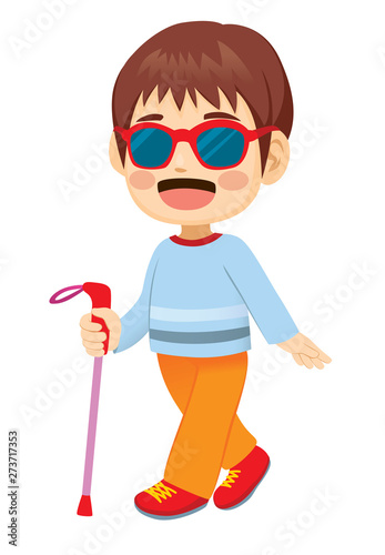 Cute little blind boy walking with cane stick