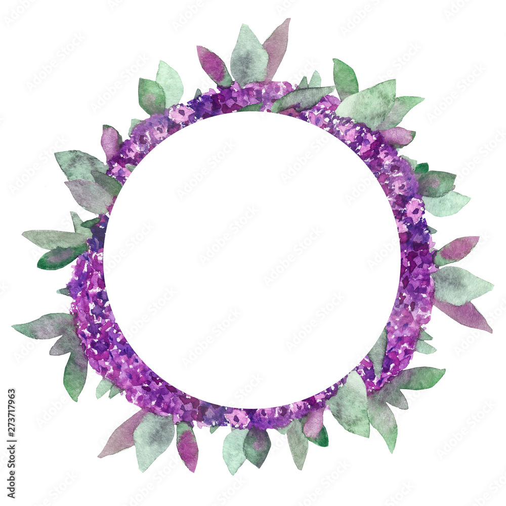 Watercolor hand painted nature circle frame with purple bouquet flowers ...