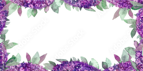 Watercolor hand painted summer nature border frame with purple flowers and green leaves and branches for invitations and greeting cards for text.