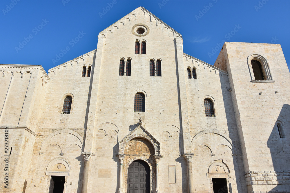Facade of the Pontifical Basilica di San Nicola (Basilica of Saint Nicholas) , church in Bari, southern Italy, important pilgrimage place for the whole Christendom , holds the relics of St. Nicholas.
