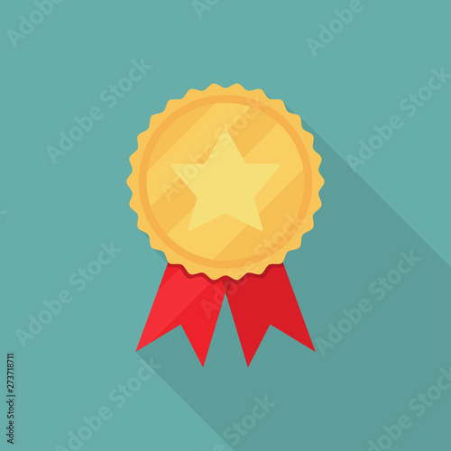 Golden star medal with red ribbon with long shadow