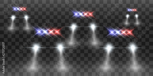 Realistic white glow round beams of car headlights, isolated on transparent background. Police car. Light from headlights. Police patrol. 