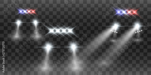 Realistic white glow round beams of car headlights, isolated on transparent background. Police car. Light from headlights. Police patrol. 