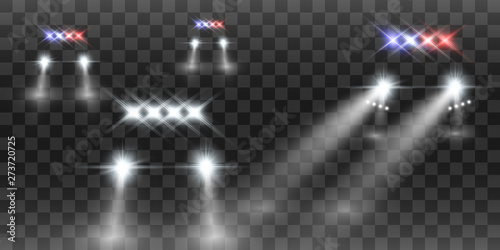 Realistic white glow round beams of car headlights, isolated on transparent background. Police car. Light from headlights. Police patrol. 
