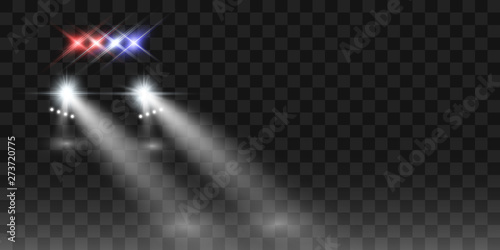 Realistic white glow round beams of car headlights, isolated on transparent background. Police car. Light from headlights. Police patrol. 
