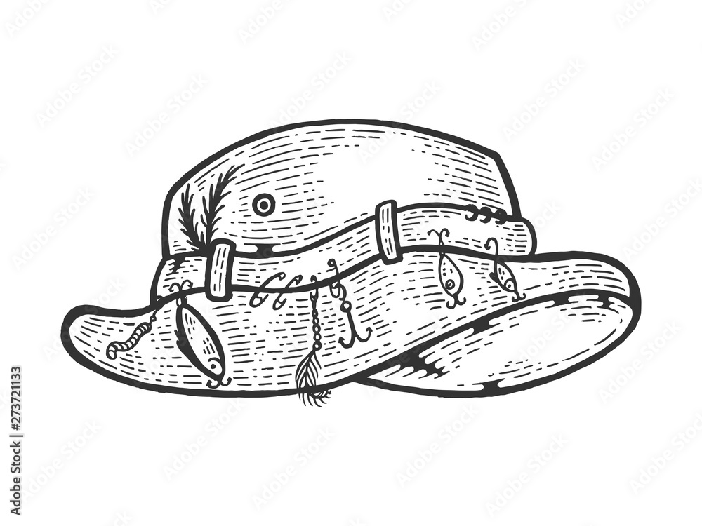 Fisherman hat sketch engraving vector illustration. Scratch board style