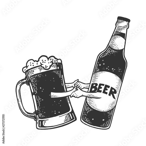 Beer mug cup in dance with bottle sketch engraving vector illustration. Scratch board style imitation. Black and white hand drawn image.