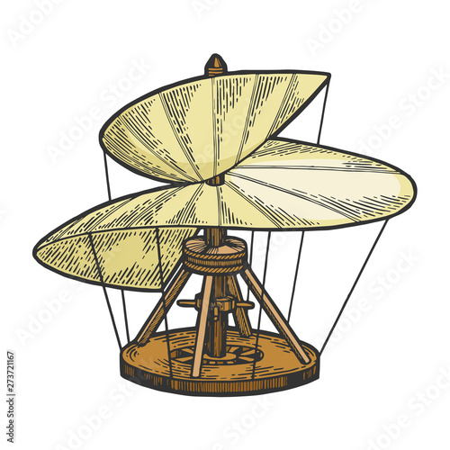 Medieval helicopter model color sketch engraving vector illustration. Scratch board style imitation. Hand drawn image.