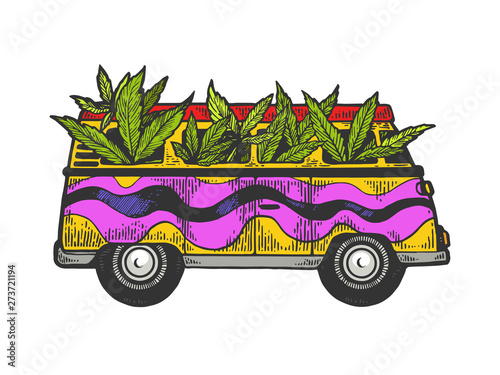 Minibus van with weed cannabis leaf color sketch engraving vector illustration. Scratch board style imitation. Black and white hand drawn image.