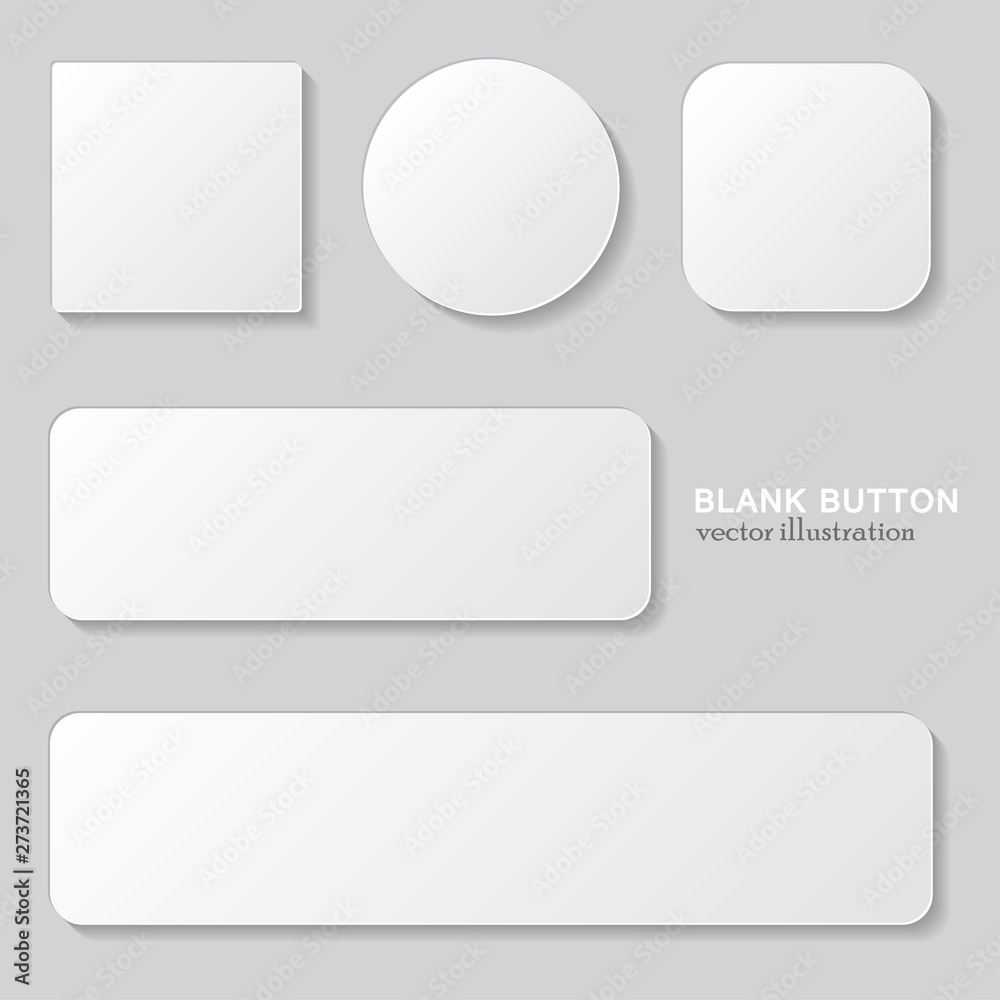 Set of white blank button. Round, square rounded buttons Set of white blank button. Round, square rounded buttons